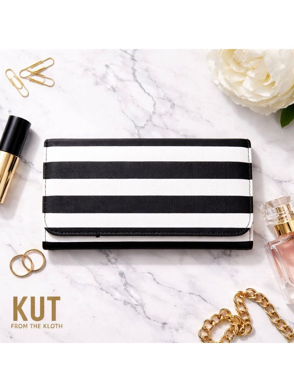 Kut From the Kloth Black & White Striped Wallet | Snap Closure | Slim
